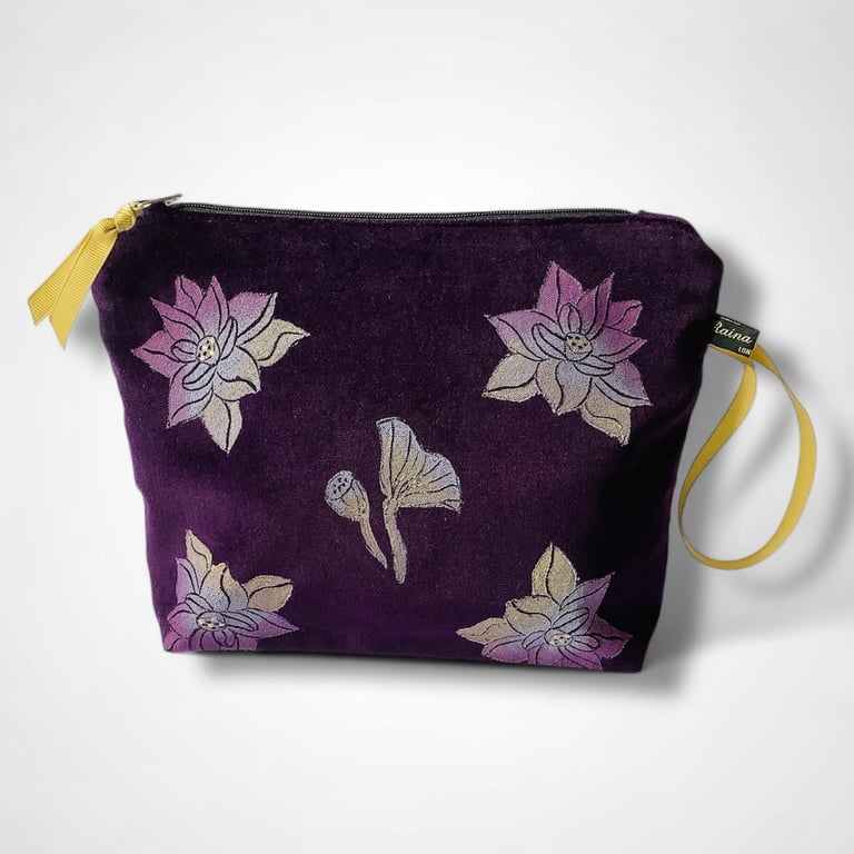 Lotus Flower Makeup Bag in Plum Velvet