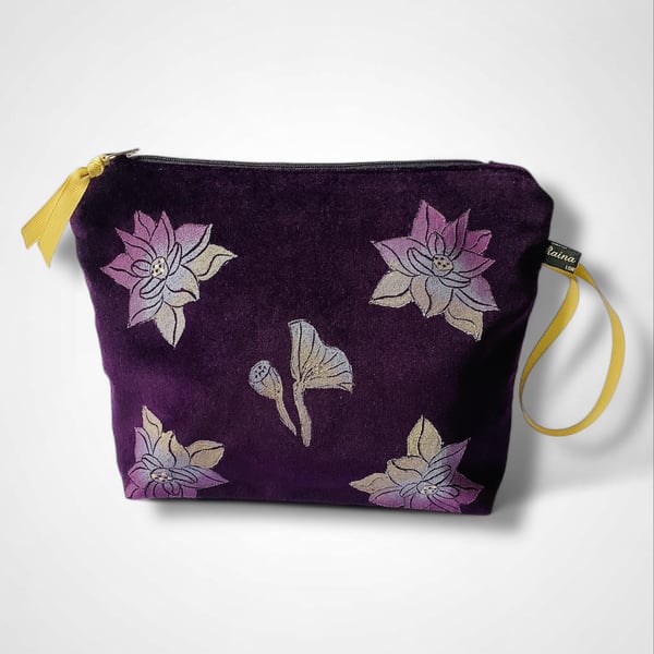 Lotus Flower Makeup Bag in Plum Velvet