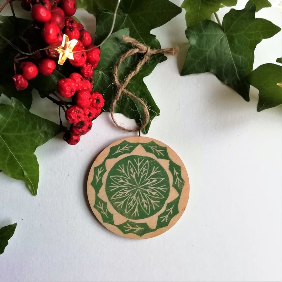 Handprinted Wooden Tree decoration in Green
