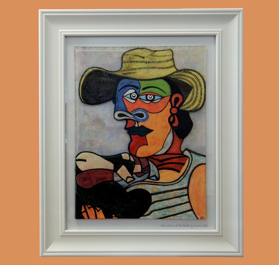 Handmade Fused Glass interpretation 'THE SAILOR' Painting, by Pablo Picasso.