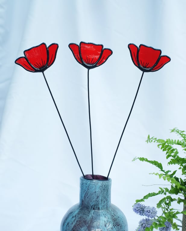 Stained Glass Red Poppy, Handmade Wild Flowers