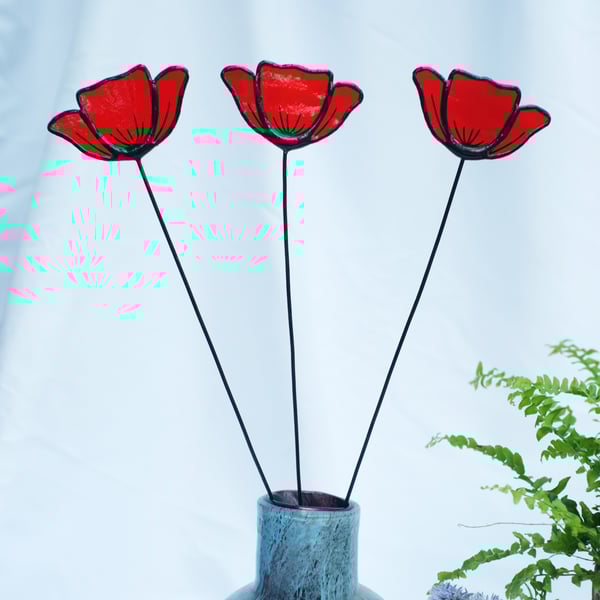 Stained Glass Red Poppy, Handmade Wild Flowers