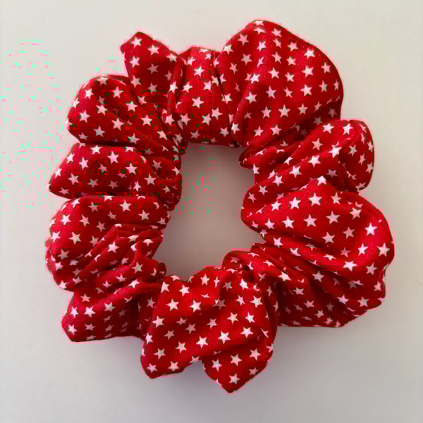 Cotton scrunchie hair accessory in fun festive print in red with white stars