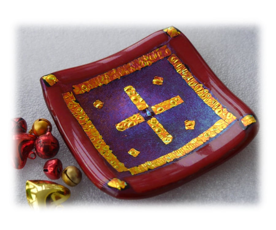 Fused Glass Trinket Dish 8.5cm Deep Red Gold Bordered Dichroic 028