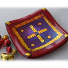 Fused Glass Trinket Dish 8.5cm Deep Red Gold Bordered Dichroic 028