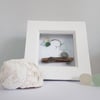 White Frame - Sea Glass Bird with Balloons, Pebble Picture, Coastal