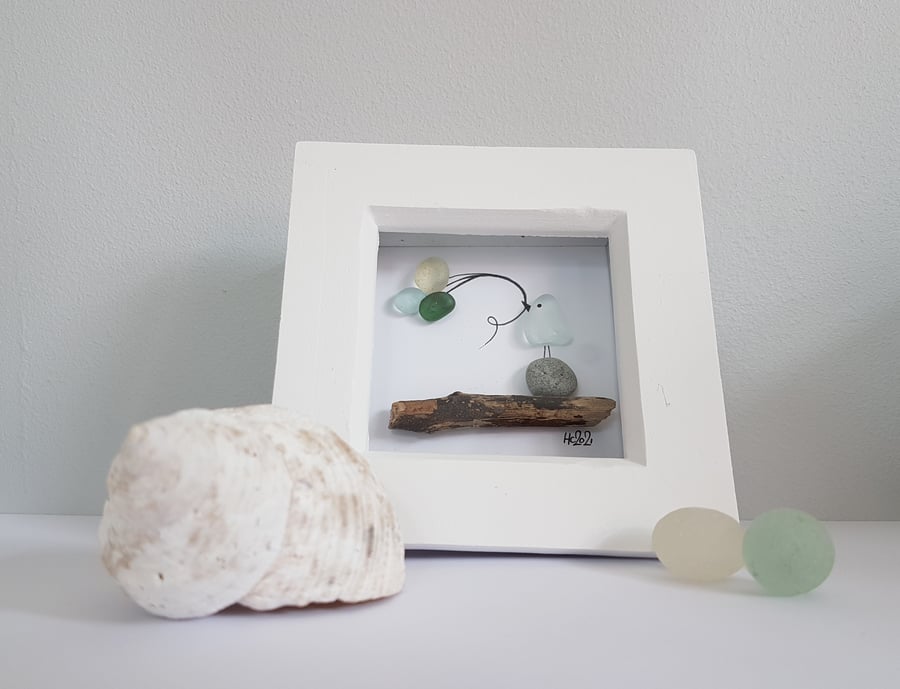 White Frame - Sea Glass Bird with Balloons, Pebble Picture, Coastal