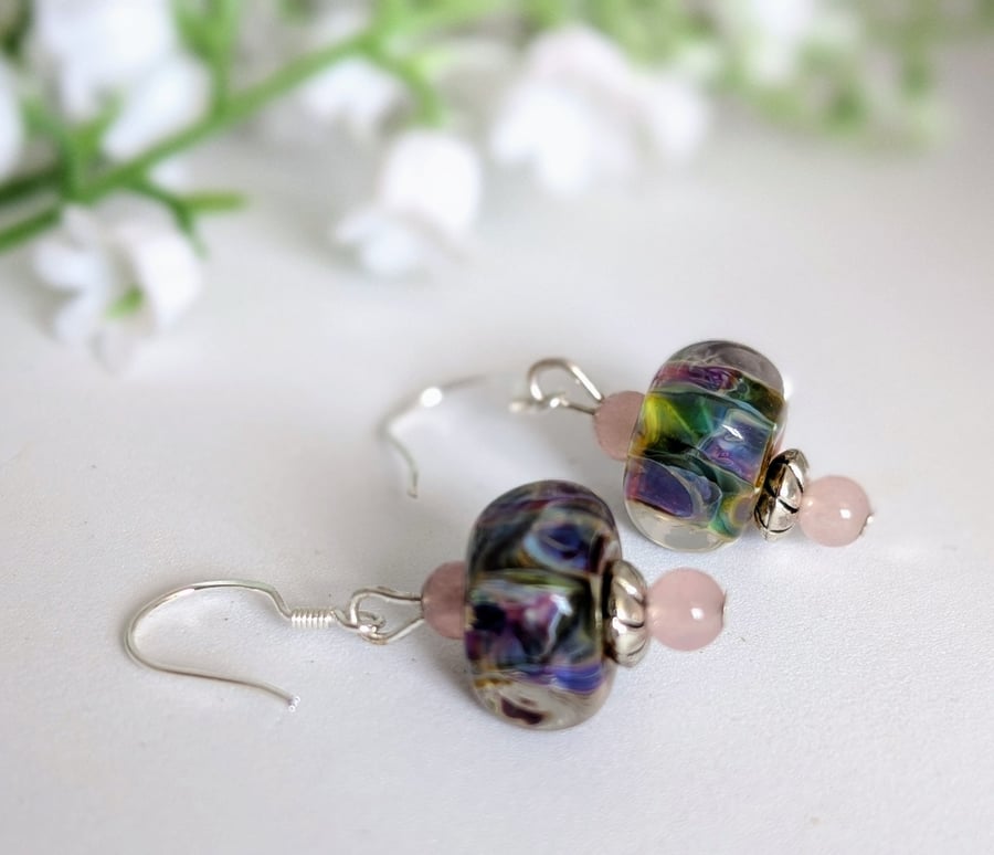 Glass Lampwork Sterling Silver Earrings: Soft Mauve and Green