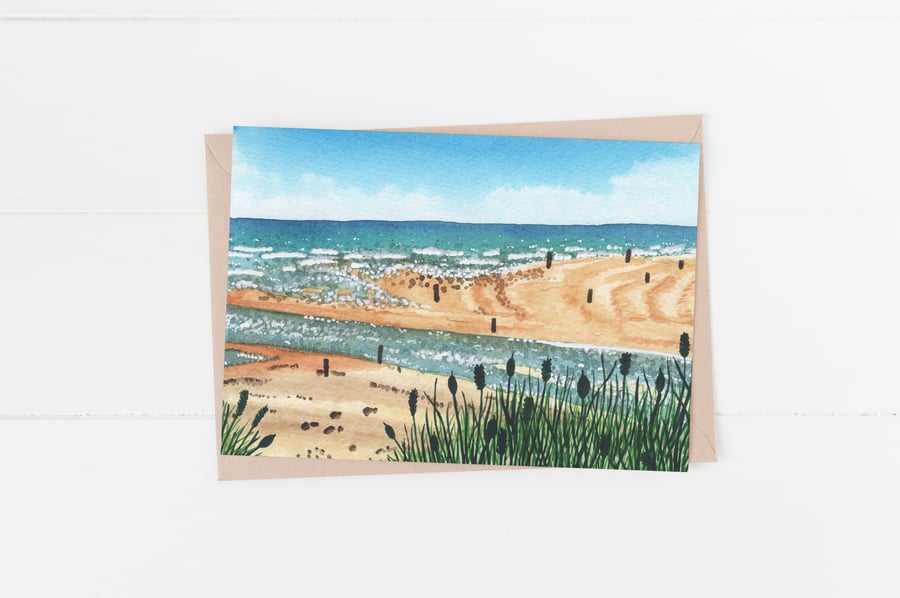 Beadnell beach landscape watercolour card