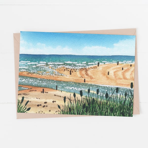 Beadnell beach landscape watercolour card