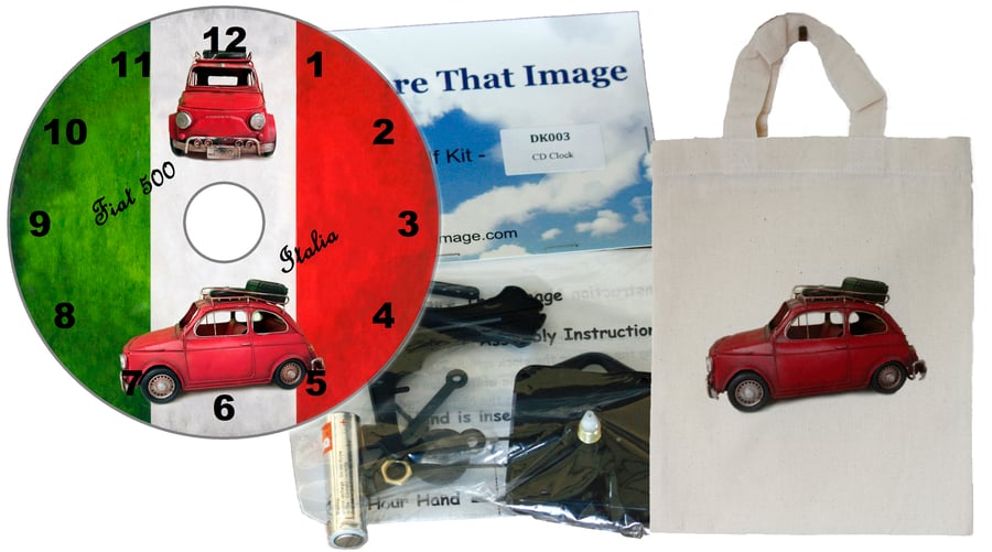 DIY 12cm Clock Kit Gift Set - Fiat 500 in Canvas Bag with Car Motif