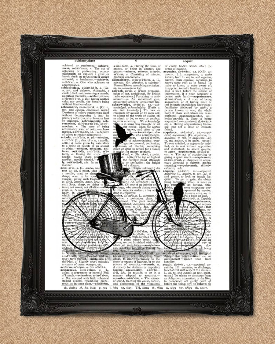 BIKE AND TOP HAT DICTIONARY PRINT bicycle illustration A051D