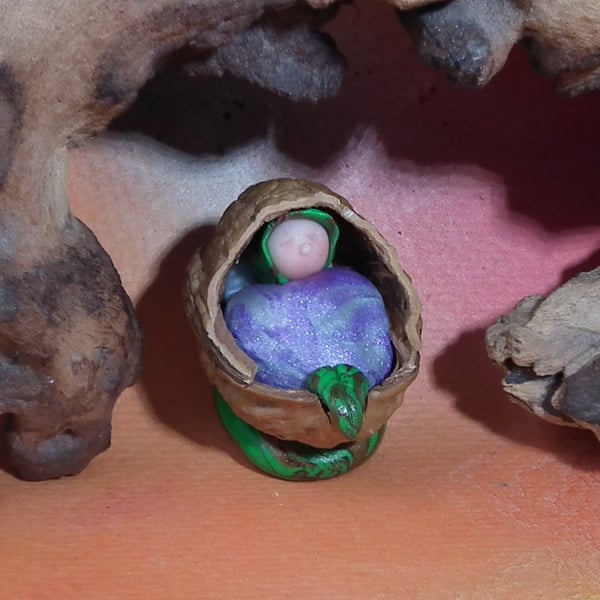 Tiny Baby Gnome 'Cimmi' in walnut shell crib OOAK by Ann Galvin