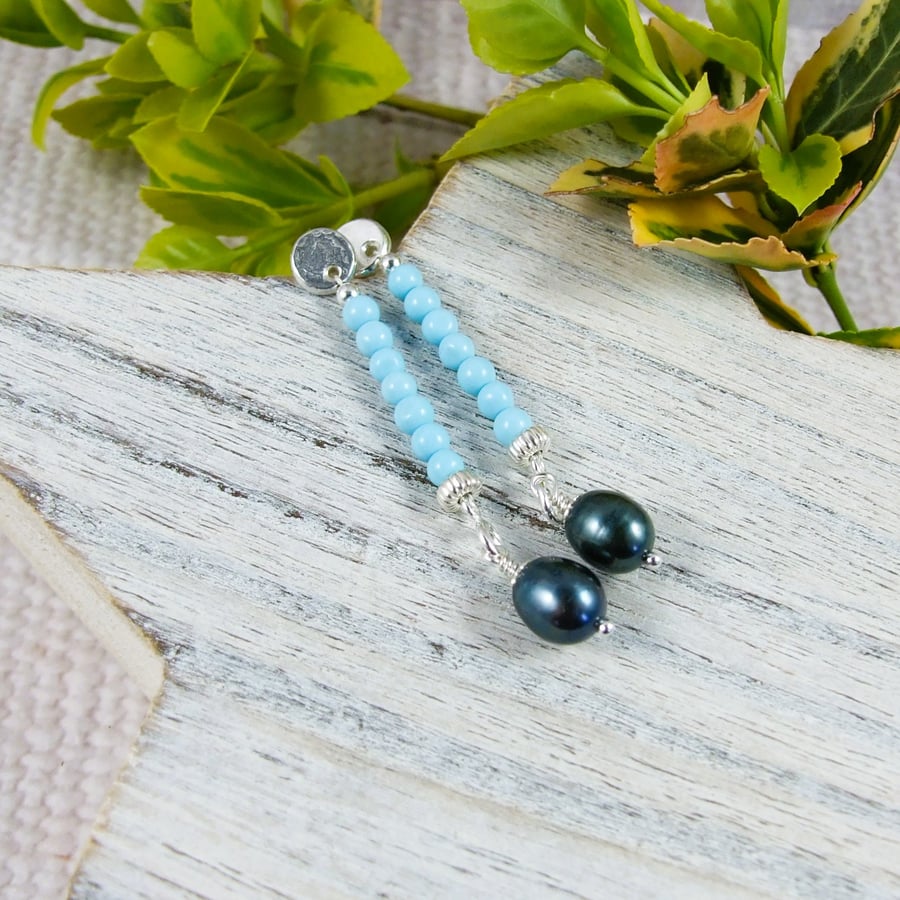 Earrings, Sterling Silver Long Droppers with Turquoise and Teal Pearl