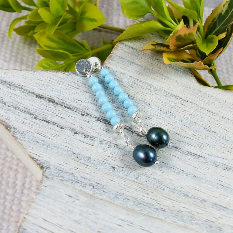 Earrings, Sterling Silver Long Droppers with Turquoise and Teal Pearl