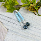 Earrings, Sterling Silver Long Droppers with Turquoise and Teal Pearl