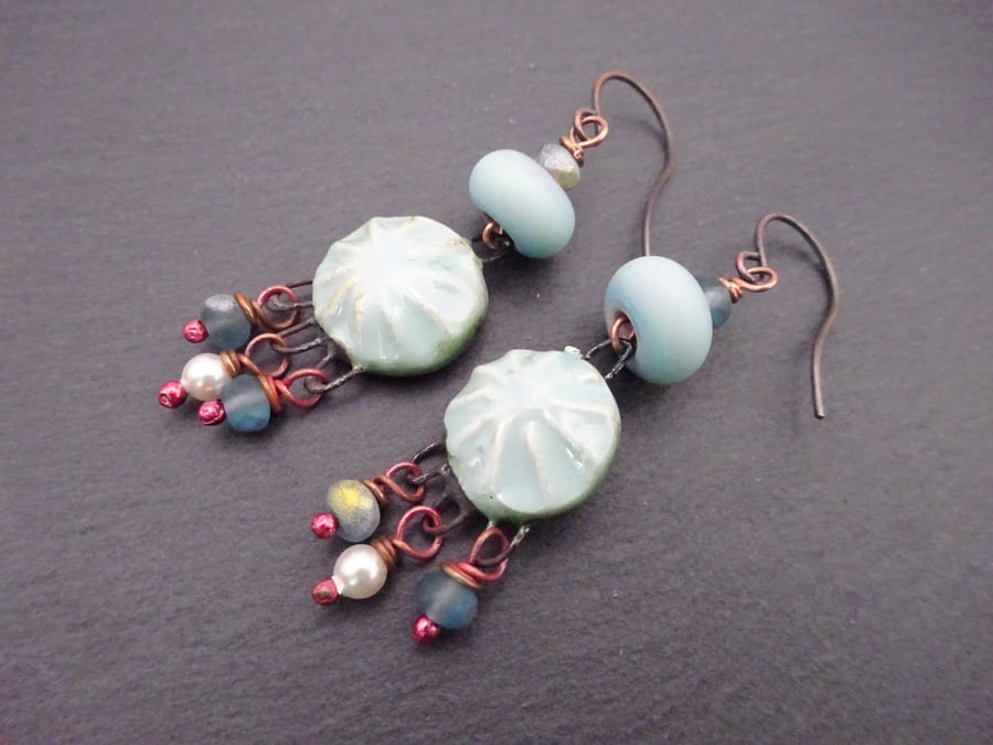 blue lampwork glass and ceramic limpit shell earrings