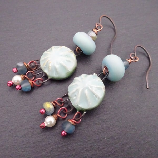 blue lampwork glass and ceramic limpit shell earrings