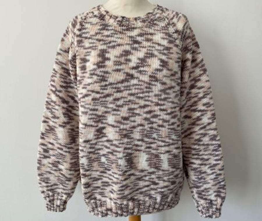 Brown Fuzz Hand Knitted Round Neck Random Pattern Sweater 