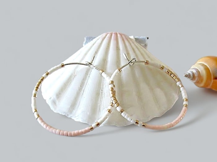 Pastel Peach, Vintage White & Light Gold Seed Bead Hoop Earrings - Choose Size