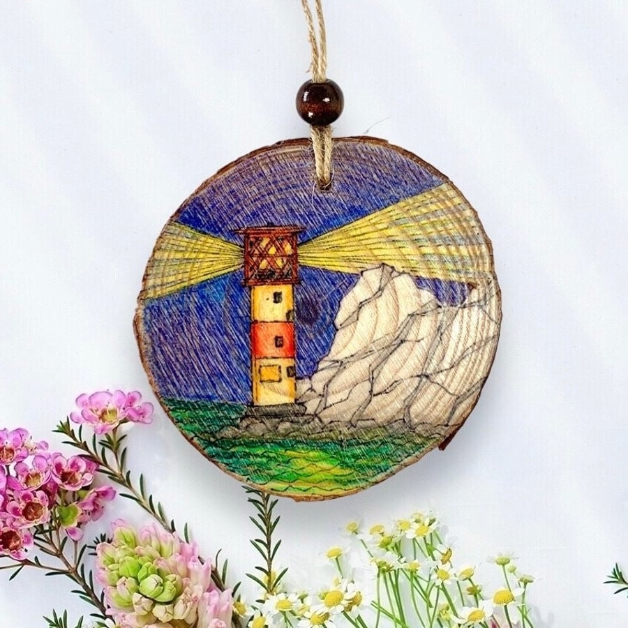 The Needles Lighthouse at Night, original Isle of Wight wood slice artwork