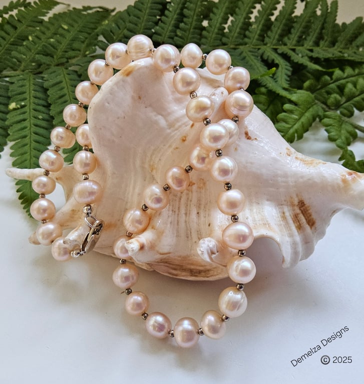 Top Quality Champagne Peach Freshwater Pearl Sterling Silver Necklace 16" inches