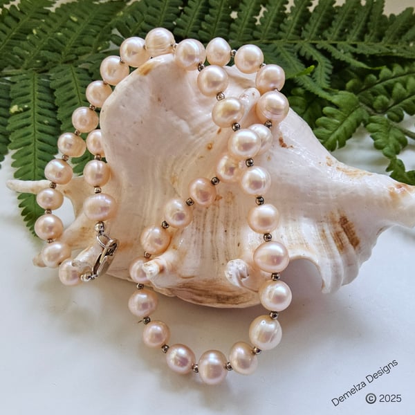 Top Quality Champagne Peach Freshwater Pearl Sterling Silver Necklace 16" inches