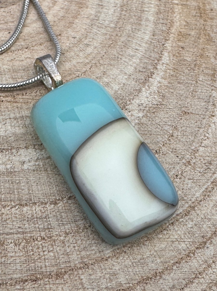 Beautiful Handmade Blue and Cream Fused Glass Pendant 