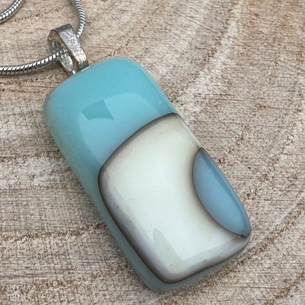 Beautiful Handmade Blue and Cream Fused Glass Pendant 