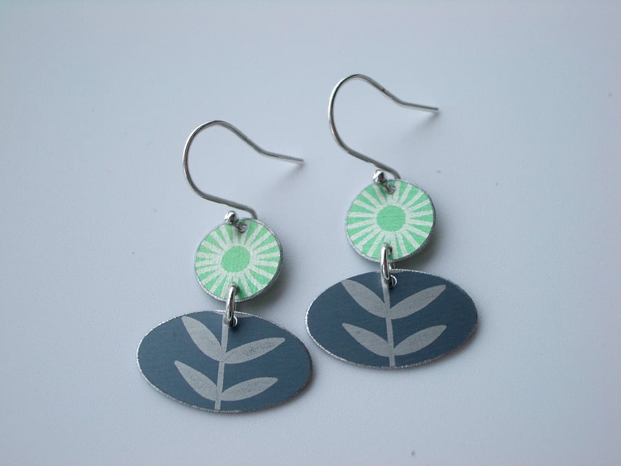 Folk art flower earrings in bright green and grey