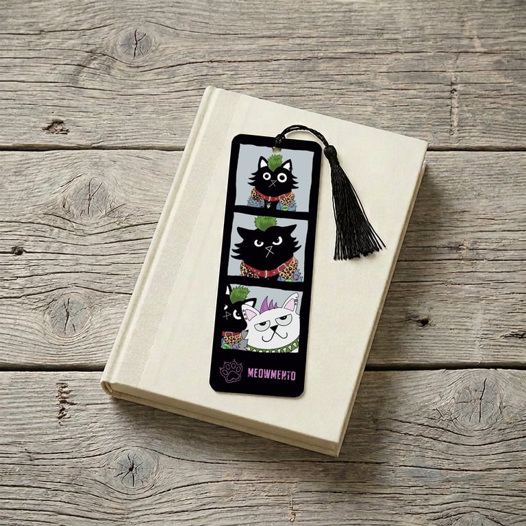 Punk Cat Bookmark with Tassel, Meowmento Photo Booth Design, Funny Bookmark