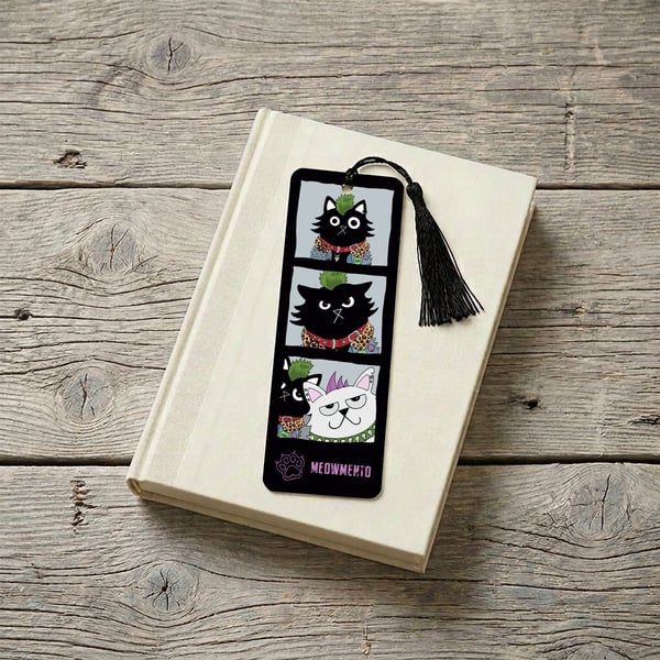 Punk Cat Bookmark with Tassel, Meowmento Photo Booth Design, Funny Bookmark