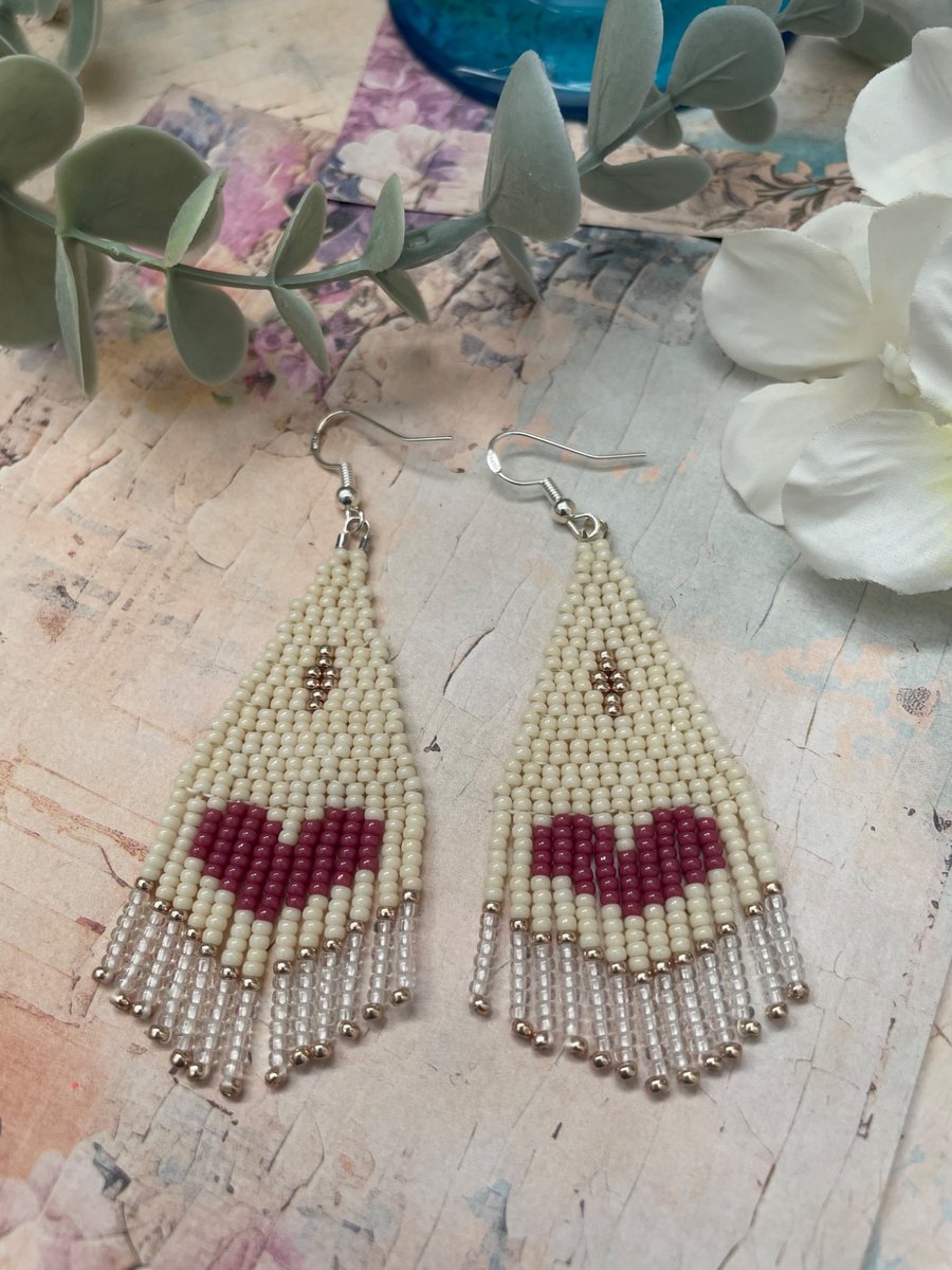 Boho Heart Beaded Fringe Earrings, glass beaded dangle earrings, gift for her