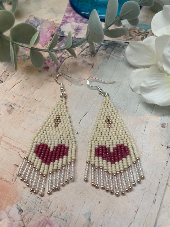 Boho Heart Beaded Fringe Earrings, glass beaded dangle earrings, gift for her
