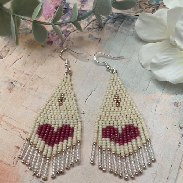 Boho Heart Beaded Fringe Earrings, glass beaded dangle earrings, gift for her