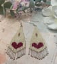 Boho Heart Beaded Fringe Earrings, glass beaded dangle earrings, gift for her