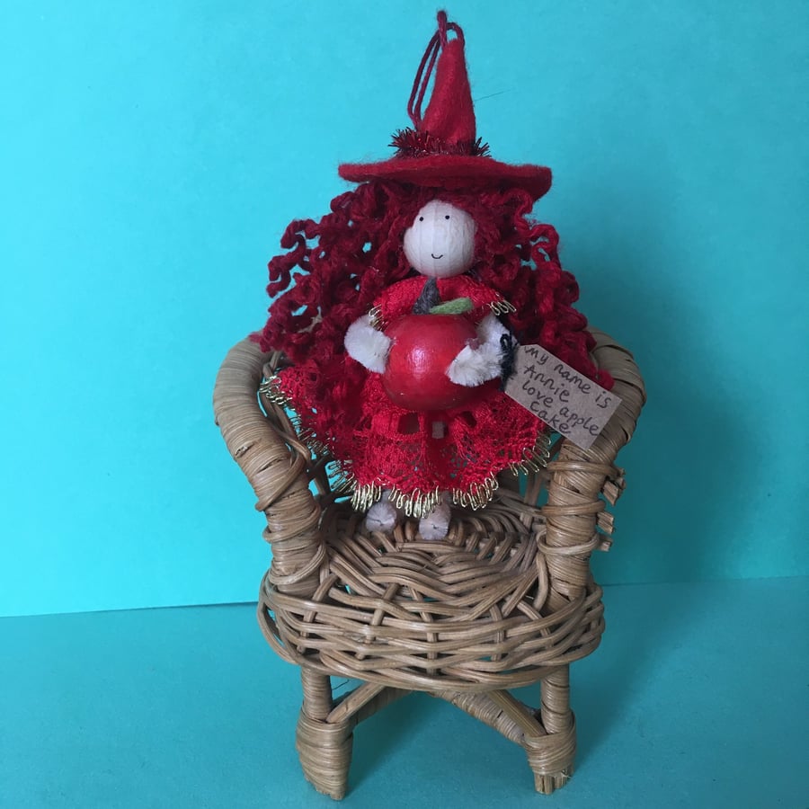 Tiny Wooden Apple Red Fairy Doll Decoration, Autumn Decoration, Halloween Witch