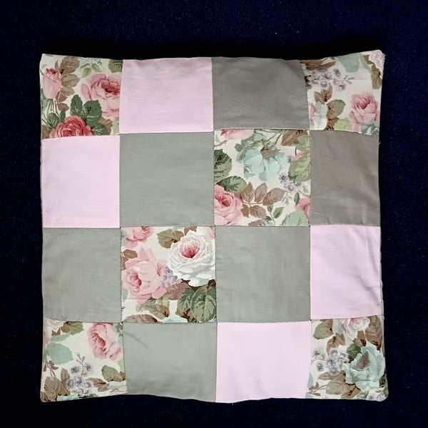 Pink and grey patchwork cushion cover. Sanderson print cushion
