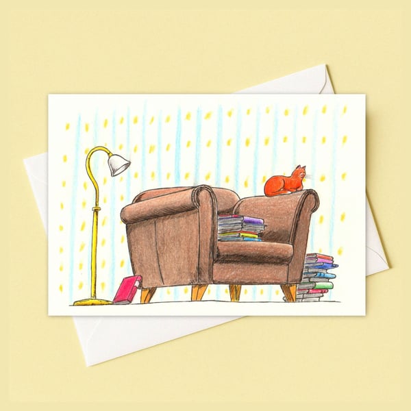 Bookish Cat Greeting Card: Hand Drawn Illustration of a Cosy Ginger Cat (116)