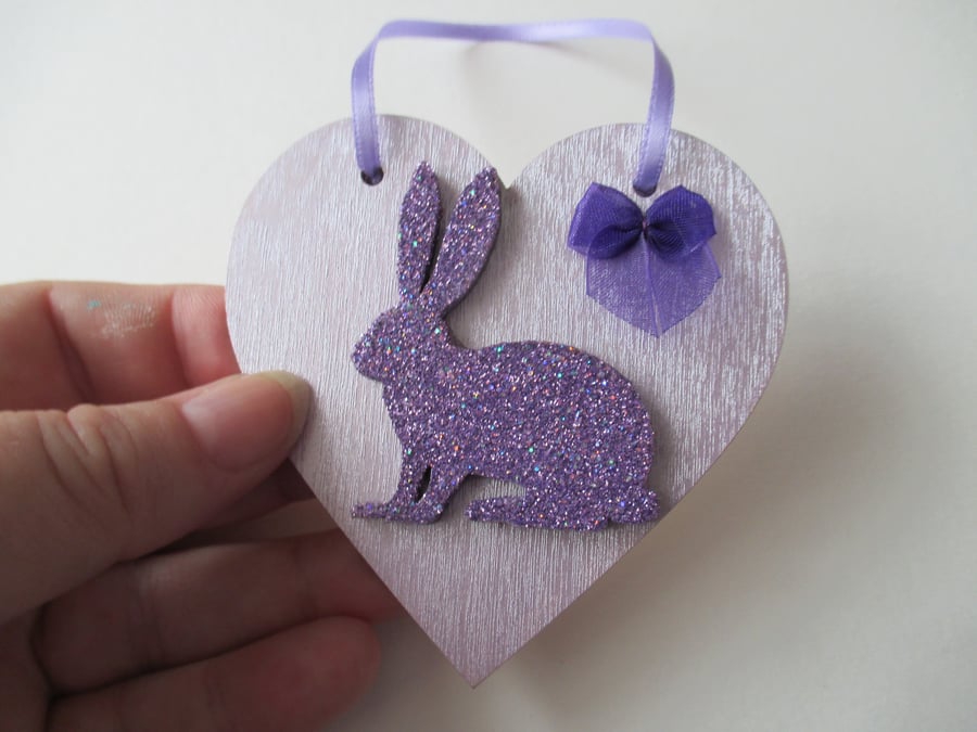 Bunny Rabbit Love Heart Hanging Decoration Purple Lilac Wood Wooden Glittery