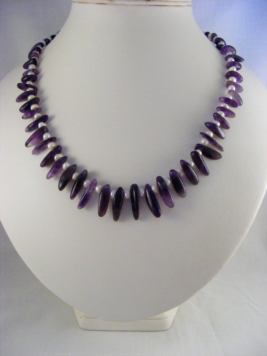 Amethyst and White Freshwater Pearl Necklace.