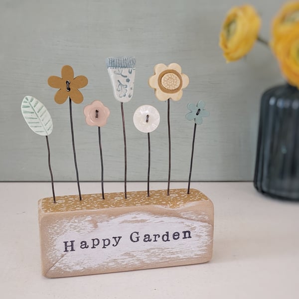 Clay and Button Flower Garden in a Floral Wood Block 'Happy Garden'