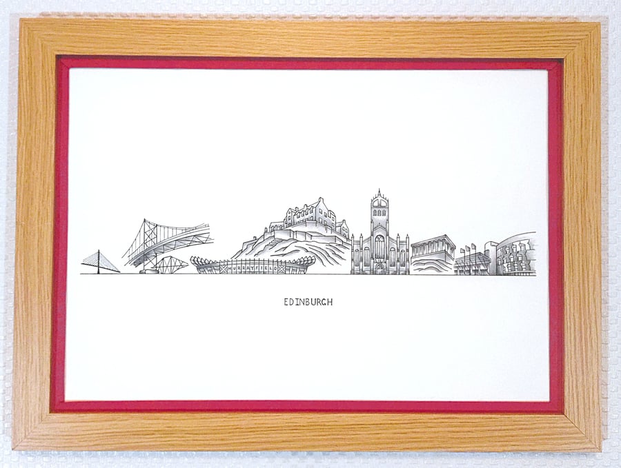 Edinburgh Cityscape Handmade Unique Framed A3 Print Red Border Wallart Gift
