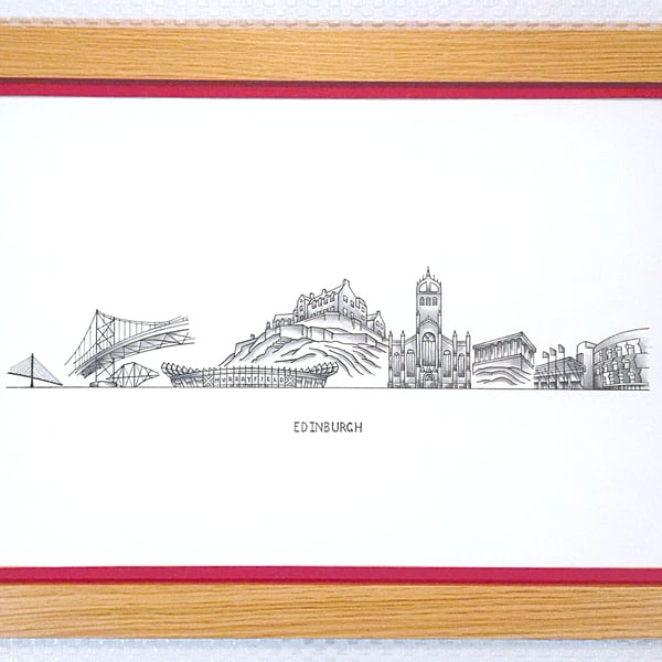 Edinburgh Cityscape Handmade Unique Framed A3 Print Red Border Wallart Gift