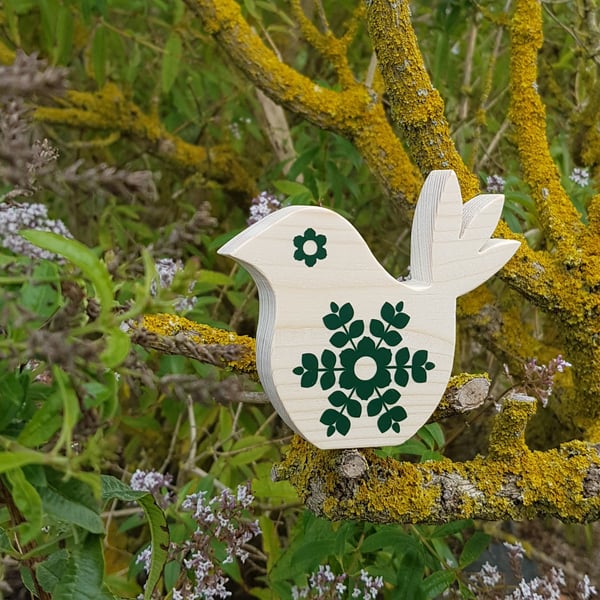 Green Scandi Dala Lovebird Flowerful Ornament Handmade Wood Hygge Decor