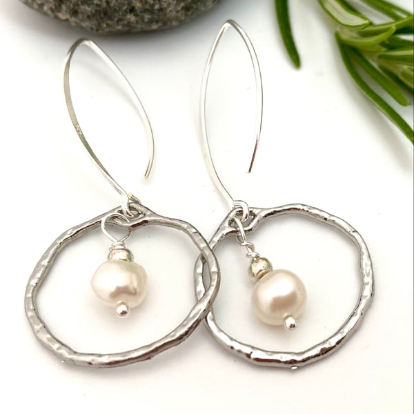 Silver, Pearl Drop Earrings. Long Hoop Earrings