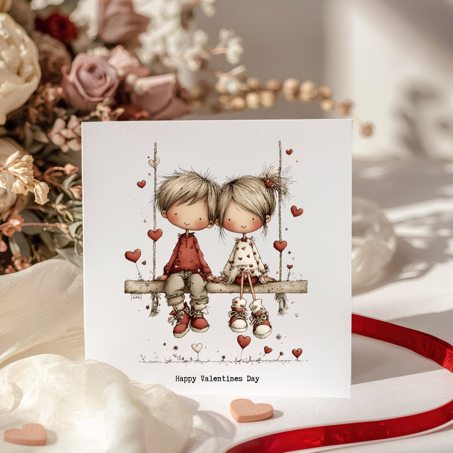 Valentines Card - Cute girl & boy on a swing 