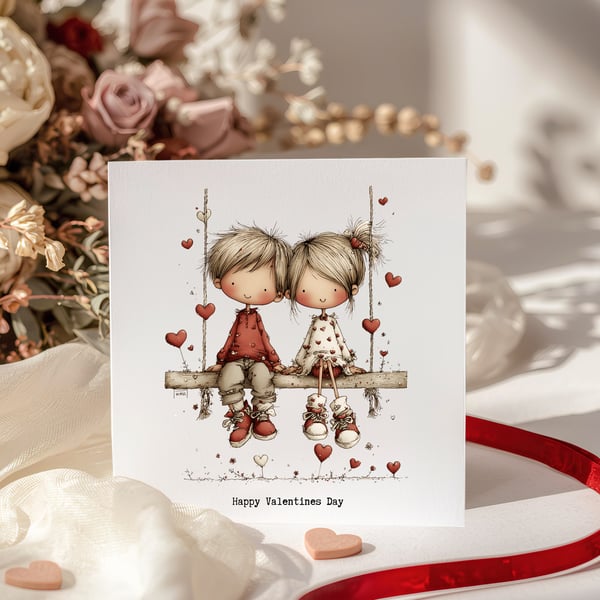 Valentines Card - Cute girl & boy on a swing 