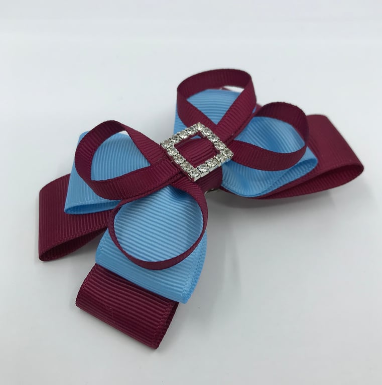 School Wine and Light Blue Layer Bow with Wine Loops on Clip