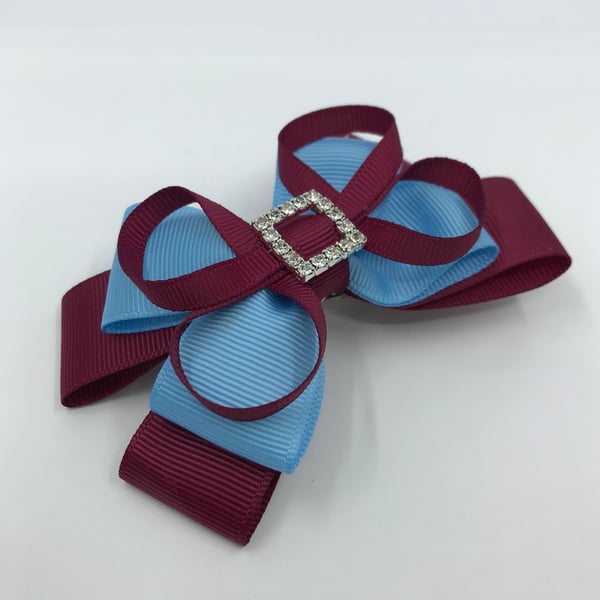 School Wine and Light Blue Layer Bow with Wine Loops on Clip